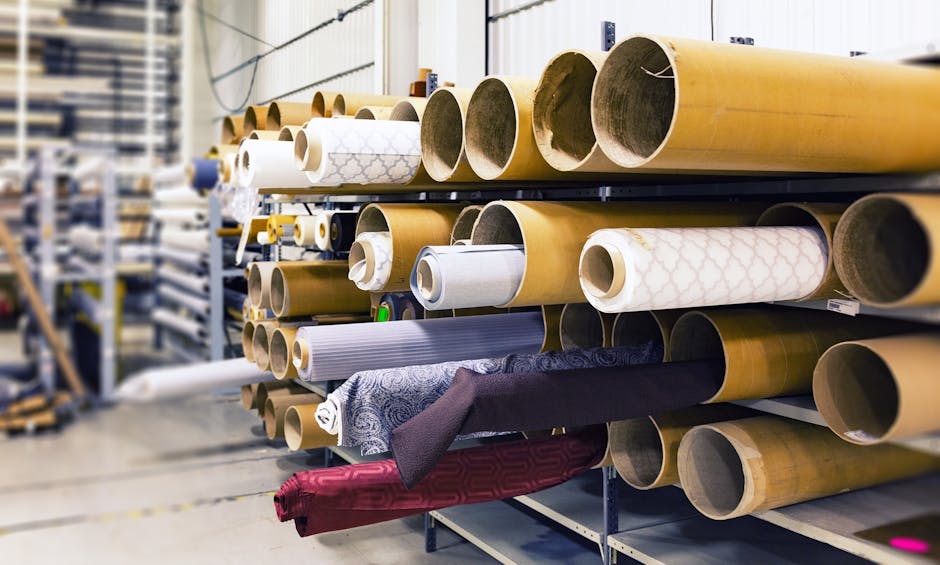 Rows of textile rolls stored in a factory for industrial manufacturing.